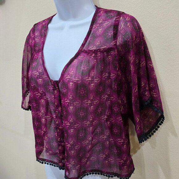 Band of Gypsies Sheer Boho Kimono Top โ Purple Print Crochet Trim Blouse | XS - Picture 2 of 11